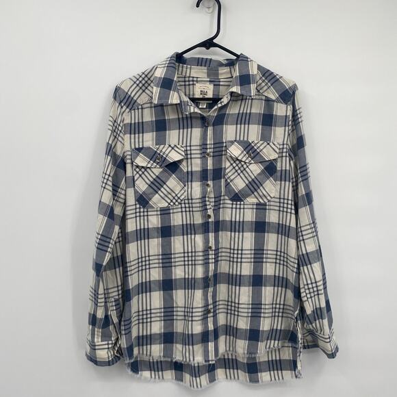 Billabong Plaid Button Front Long Sleeve Shirt Raw Hem Cream Black Size Large - Picture 1 of 9